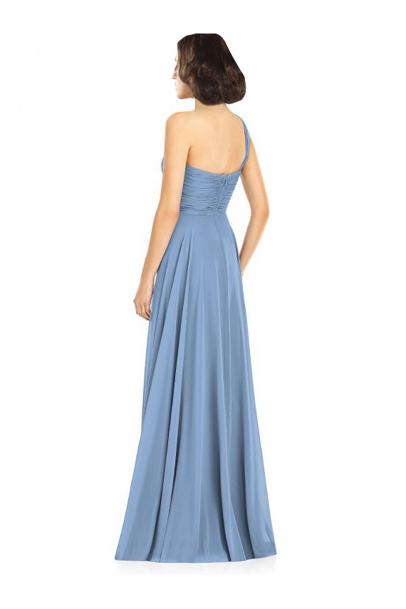 Billigste Staubiges Blau A-Linien Eine-Schulter Chiffon Lange Brautjungfernkleider