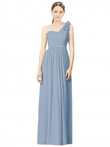 Billigste Staubiges Blau A-Linien Eine-Schulter Chiffon Lange Brautjungfernkleider