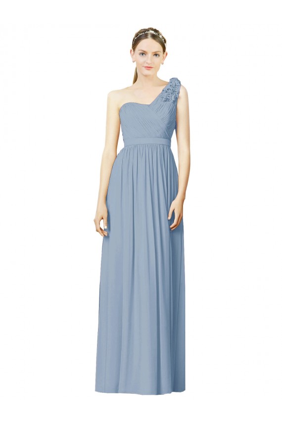 Billigste Staubiges Blau A-Linien Eine-Schulter Chiffon Lange Brautjungfernkleider