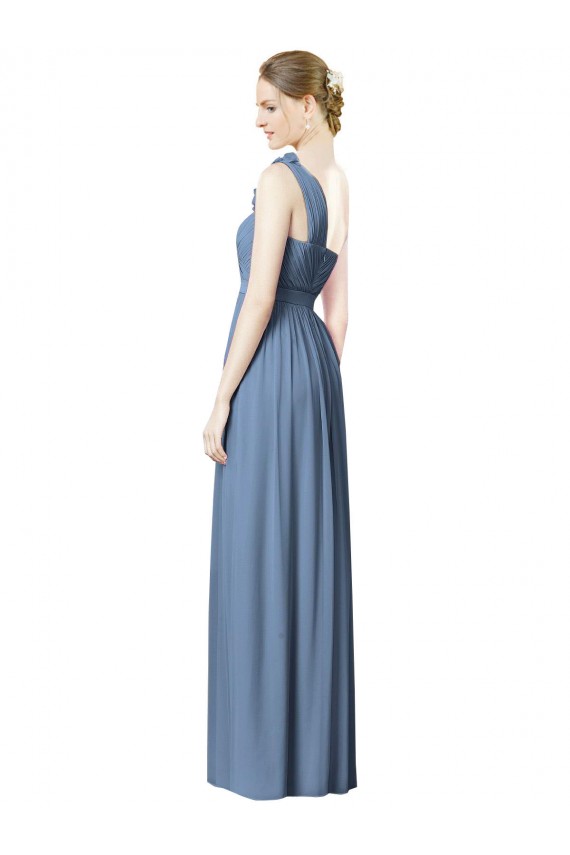 Billigste Staubiges Blau A-Linien Eine-Schulter Chiffon Lange Brautjungfernkleider