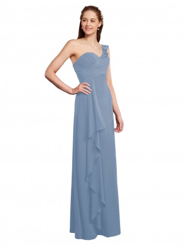 Billigste Staubiges Blau A-Linien Eine-Schulter Chiffon Lange Brautjungfernkleider