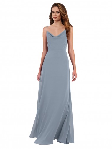 Billigste Staubiges Blau A-Linien Haube Ausschnitt Chiffon Lange Brautjungfernkleider