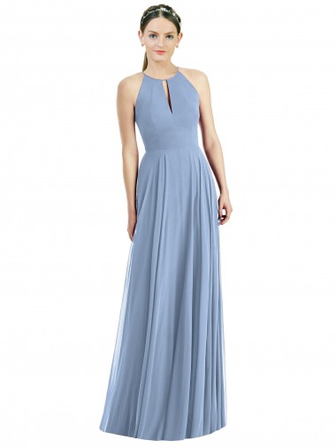 Billigste Staubiges Blau A-Linien Neckholder Chiffon Lange Brautjungfernkleider
