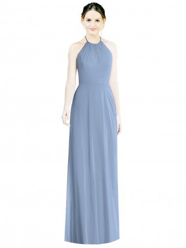 Billigste Staubiges Blau A-Linien Neckholder Chiffon Lange Brautjungfernkleider