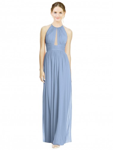Billigste Staubiges Blau A-Linien Neckholder Chiffon Lange Brautjungfernkleider
