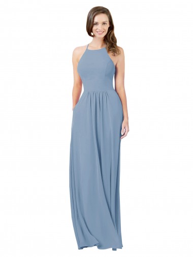 Billigste Staubiges Blau A-Linien Neckholder Chiffon Lange Brautjungfernkleider