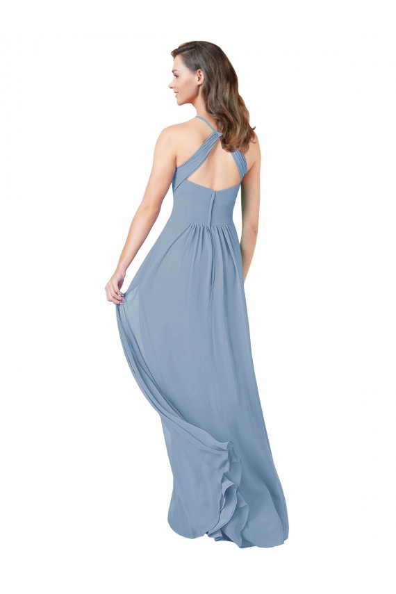 Billigste Staubiges Blau A-Linien Neckholder Chiffon Lange Brautjungfernkleider