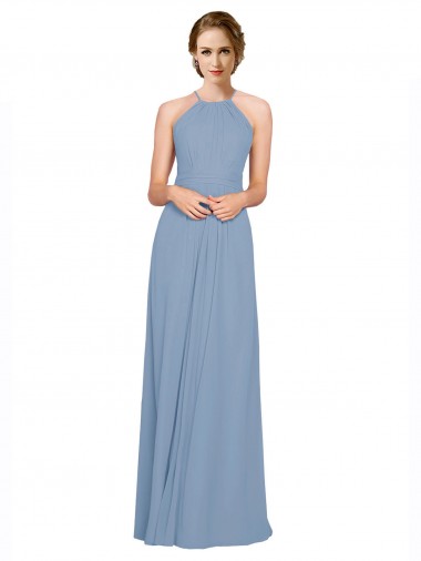 Billigste Staubiges Blau A-Linien Neckholder Stehkragen Ausschnitt Chiffon Lange Brautjungfernkleider