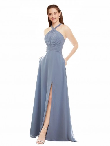 Billigste Staubiges Blau A-Linien Neckholder Stehkragen Ausschnitt Chiffon Lange Brautjungfernkleider