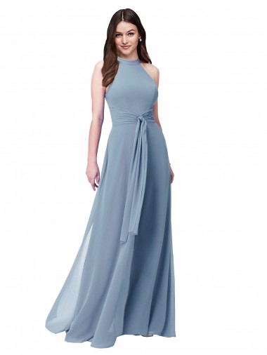 Billigste Staubiges Blau A-Linien Neckholder Stehkragen Ausschnitt Chiffon Lange Brautjungfernkleider