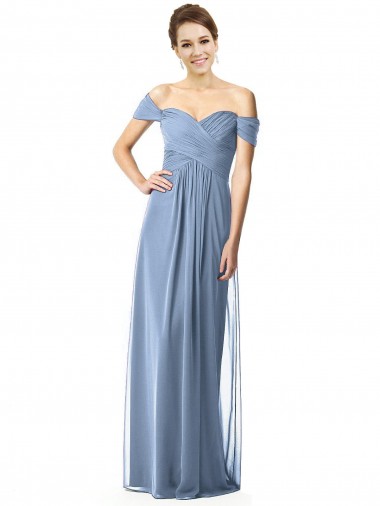 Billigste Staubiges Blau A-Linien Off-Schulter Chiffon Lange Brautjungfernkleider