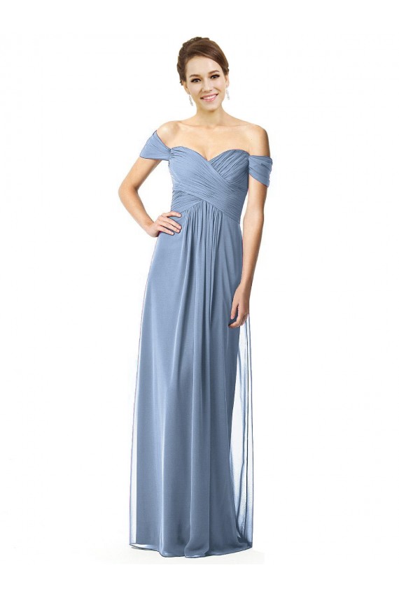 Billigste Staubiges Blau A-Linien Off-Schulter Chiffon Lange Brautjungfernkleider