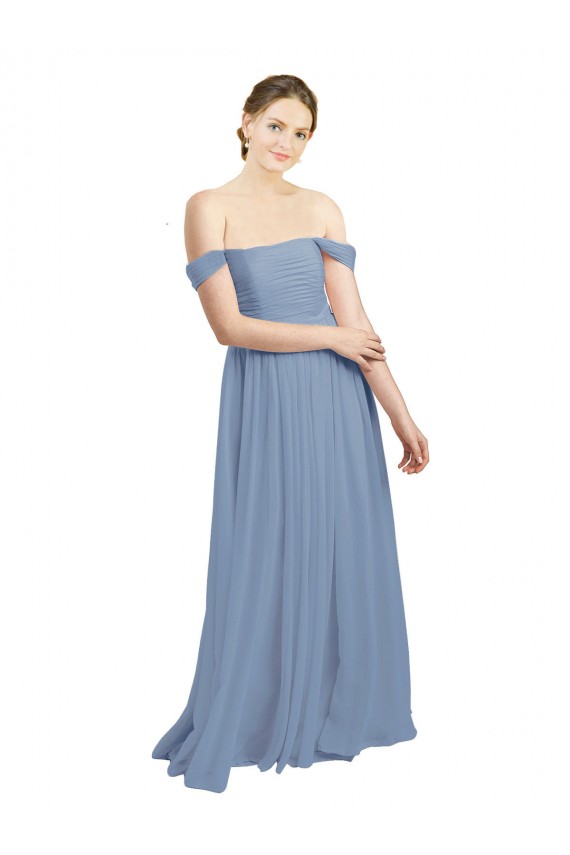 Billigste Staubiges Blau A-Linien Off-Schulter Chiffon Lange Brautjungfernkleider