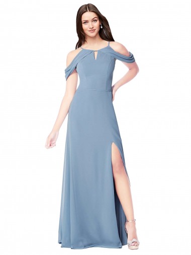 Billigste Staubiges Blau A-Linien Off-Schulter Chiffon Lange Brautjungfernkleider