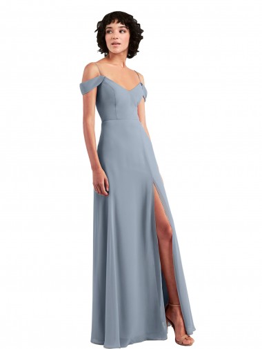 Billigste Staubiges Blau A-Linien Off-Schulter Spaghetti-Träger Chiffon Lange Brautjungfernkleider