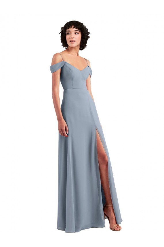 Billigste Staubiges Blau A-Linien Off-Schulter Spaghetti-Träger Chiffon Lange Brautjungfernkleider
