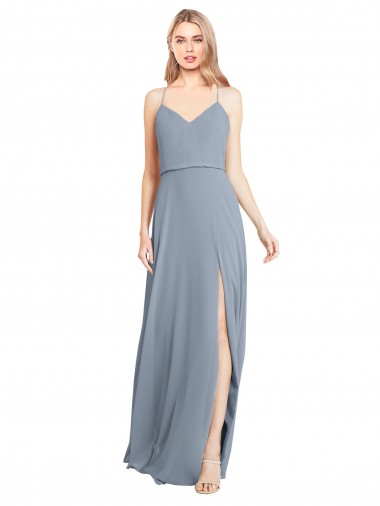 Billigste Staubiges Blau A-Linien Off-Schulter Spaghetti-Träger Chiffon Lange Brautjungfernkleider