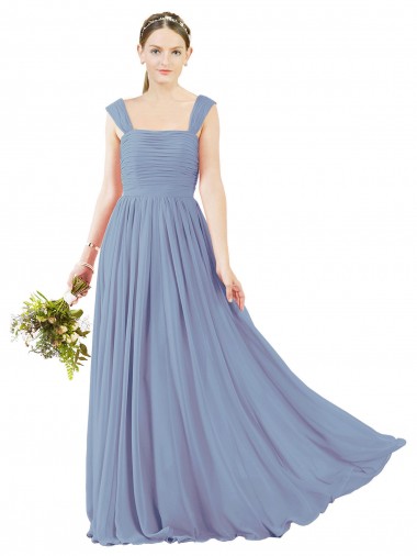 Billigste Staubiges Blau A-Linien Quadrat Ausschnitt Chiffon Lange Brautjungfernkleider
