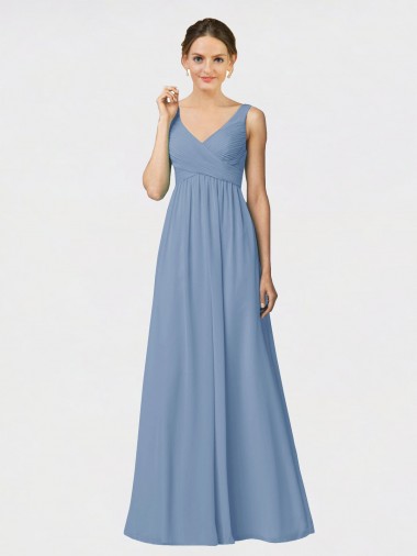 Billigste Staubiges Blau A-Linien Spaghetti-Träger Chiffon Lange Brautjungfernkleider