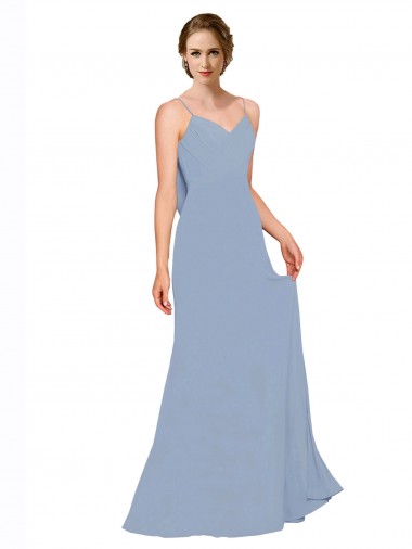 Billigste Staubiges Blau A-Linien Spaghetti-Träger Chiffon Lange Brautjungfernkleider