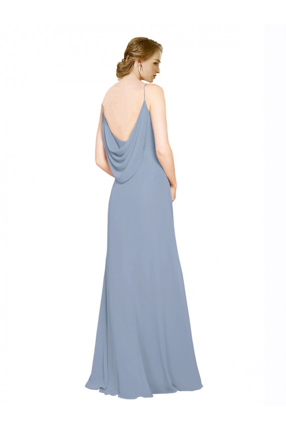 Billigste Staubiges Blau A-Linien Spaghetti-Träger Chiffon Lange Brautjungfernkleider