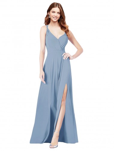 Billigste Staubiges Blau A-Linien Spaghetti-Träger V-Ausschnitt Chiffon Lange Brautjungfernkleider