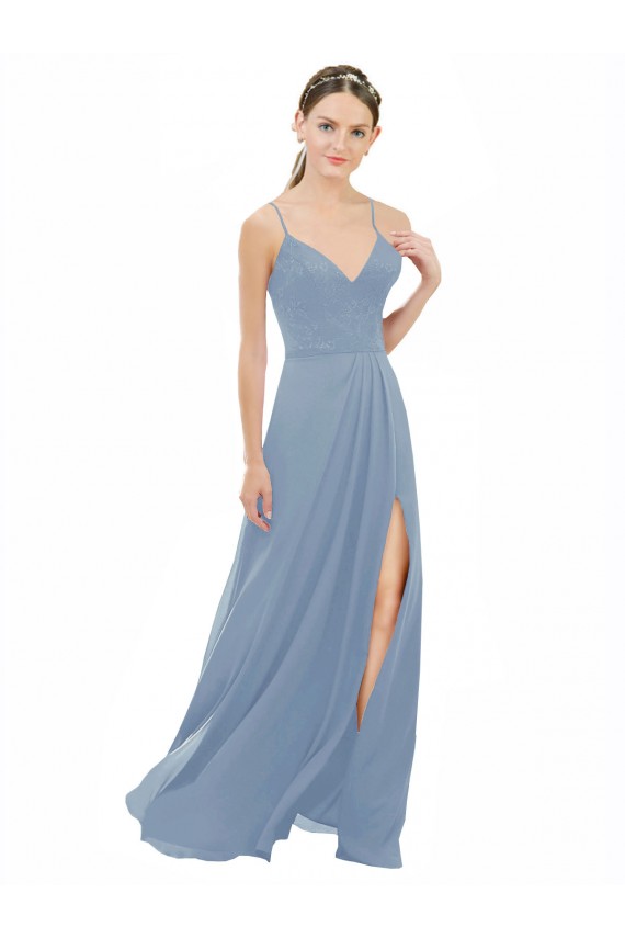 Billigste Staubiges Blau A-Linien Spaghetti-Träger V-Ausschnitt Chiffon Spitze Lange Brautjungfernkleider