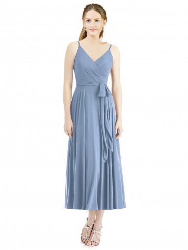Billigste Staubiges Blau A-Linien Spaghetti-Träger Wadenlang Chiffon Kurze Brautjungfernkleider