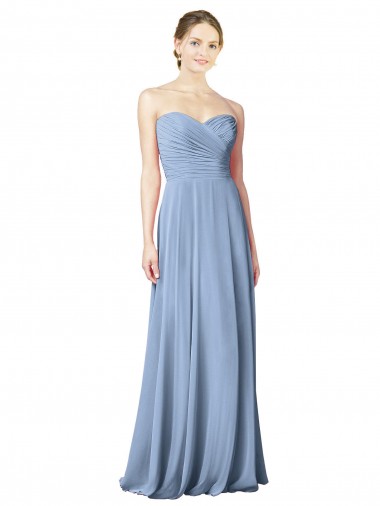 Billigste Staubiges Blau A-Linien Trägerlos Chiffon Lange Brautjungfernkleider