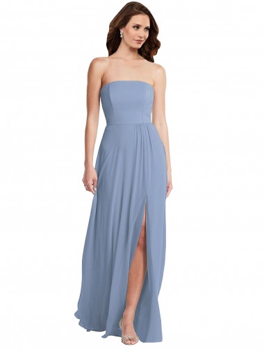 Billigste Staubiges Blau A-Linien Trägerlos Chiffon Lange Brautjungfernkleider