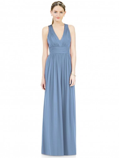 Billigste Staubiges Blau A-Linien V-Ausschnitt Chiffon Lange Brautjungfernkleider