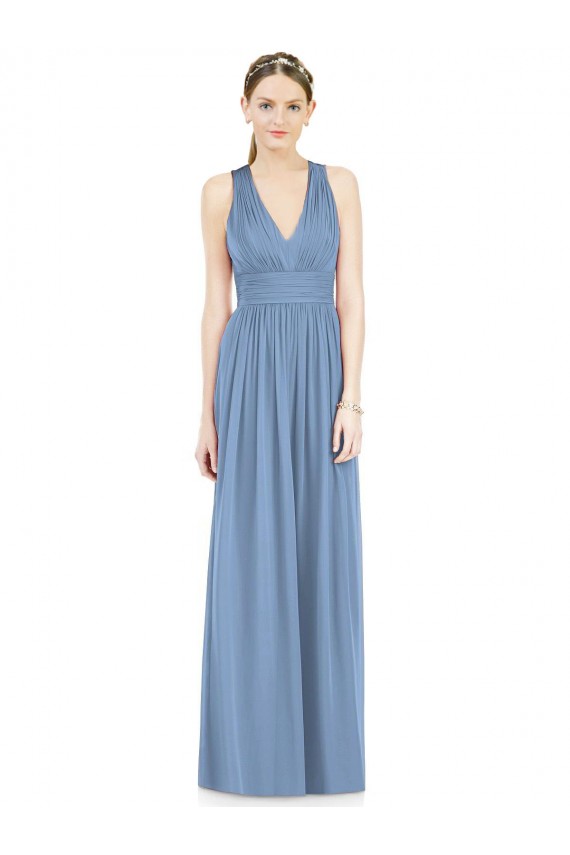Billigste Staubiges Blau A-Linien V-Ausschnitt Chiffon Lange Brautjungfernkleider