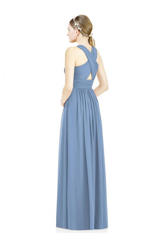 Billigste Staubiges Blau A-Linien V-Ausschnitt Chiffon Lange Brautjungfernkleider