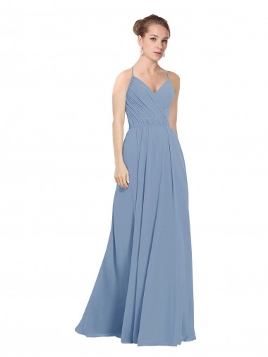 Billigste Staubiges Blau A-Linien V-Ausschnitt Chiffon Lange Brautjungfernkleider