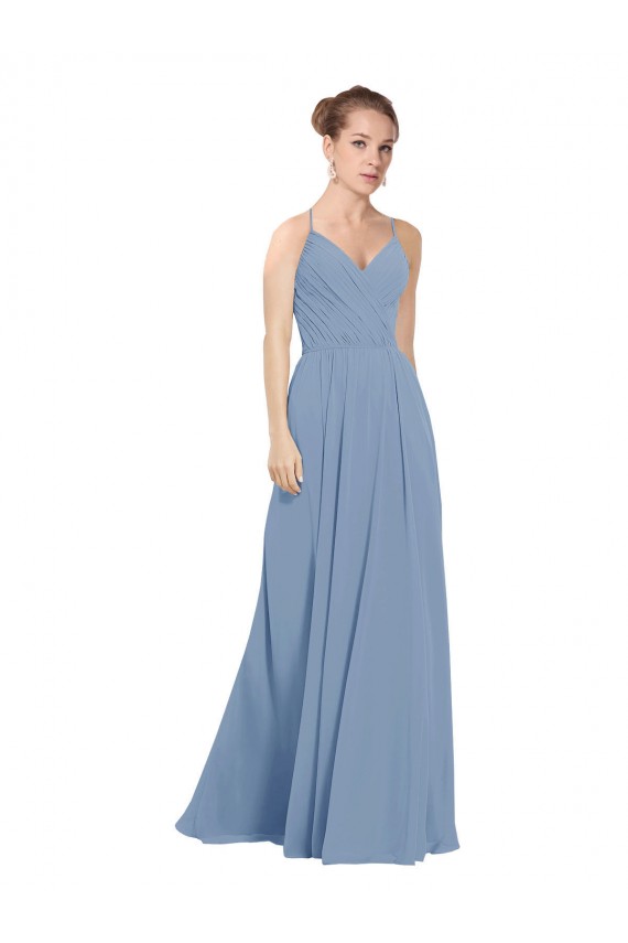 Billigste Staubiges Blau A-Linien V-Ausschnitt Chiffon Lange Brautjungfernkleider