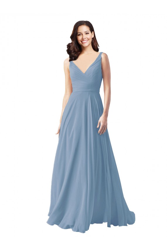 Billigste Staubiges Blau A-Linien V-Ausschnitt Chiffon Lange Brautjungfernkleider