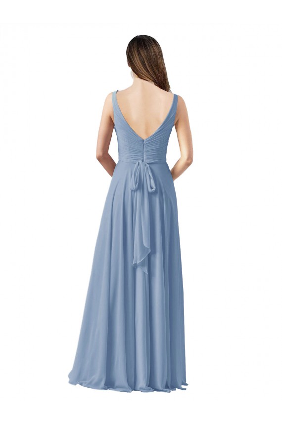 Billigste Staubiges Blau A-Linien V-Ausschnitt Chiffon Lange Brautjungfernkleider
