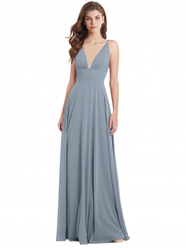 Billigste Staubiges Blau A-Linien V-Ausschnitt Chiffon Lange Brautjungfernkleider