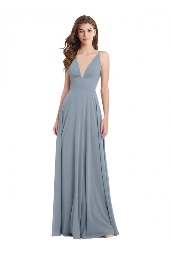 Billigste Staubiges Blau A-Linien V-Ausschnitt Chiffon Lange Brautjungfernkleider