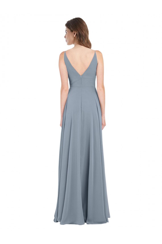 Billigste Staubiges Blau A-Linien V-Ausschnitt Chiffon Lange Brautjungfernkleider