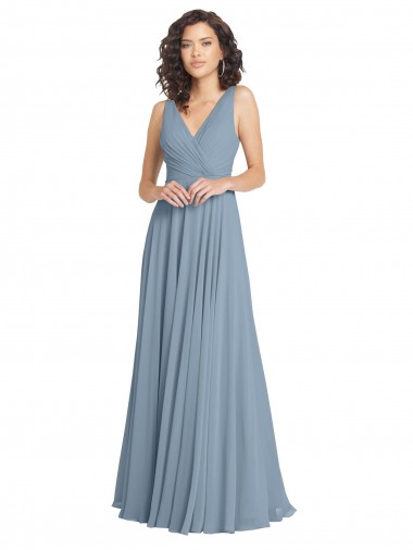 Billigste Staubiges Blau A-Linien V-Ausschnitt Chiffon Lange Brautjungfernkleider