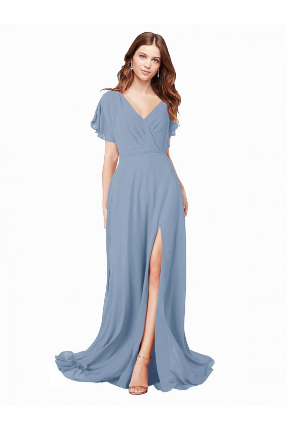 Billigste Staubiges Blau A-Linien V-Ausschnitt Chiffon Lange Brautjungfernkleider / Abiballkleider