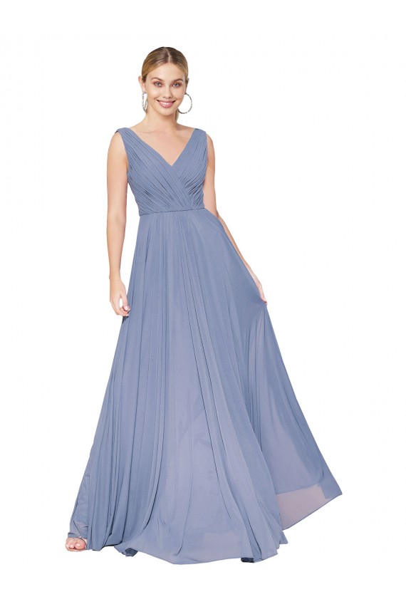 Billigste Staubiges Blau A-Linien V-Ausschnitt Chiffon Lange Formale Brautjungfernkleider / Abendkleider / Abiballkleider