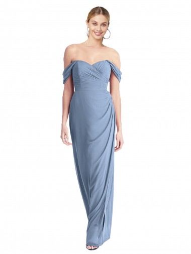 Billigste Staubiges Blau Meerjungfrau Off-Schulter Chiffon Lange Brautjungfernkleider