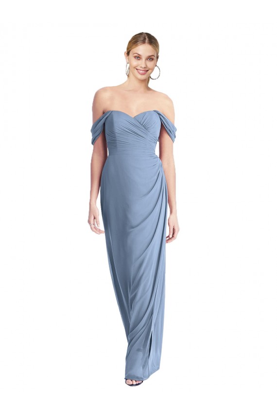 Billigste Staubiges Blau Meerjungfrau Off-Schulter Chiffon Lange Brautjungfernkleider