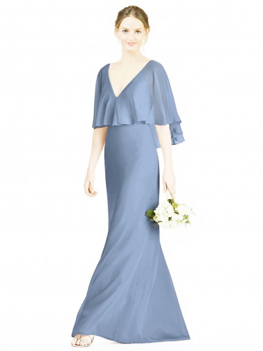 Billigste Staubiges Blau Trompete V-Ausschnitt Chiffon Lange Brautjungfernkleider