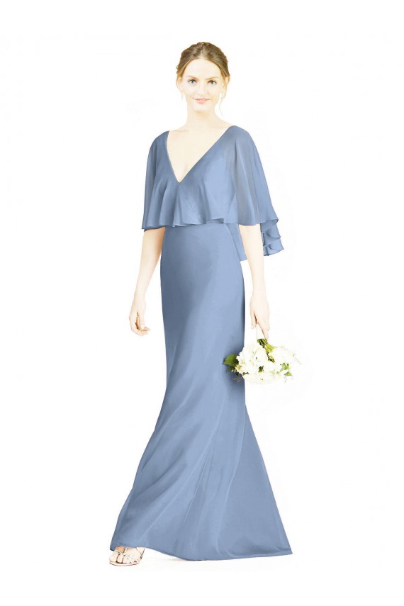Billigste Staubiges Blau Trompete V-Ausschnitt Chiffon Lange Brautjungfernkleider