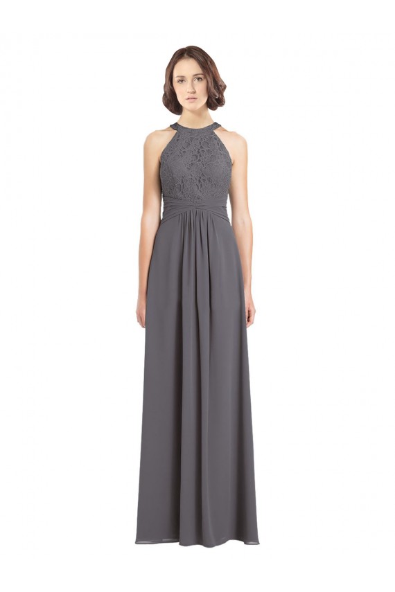 Billigste Stormy Silver A-Linien Neckholder Chiffon Spitze Lange Brautjungfernkleider