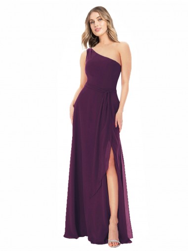 Billigste Traube A-Linien Eine-Schulter Chiffon Lange Brautjungfernkleider