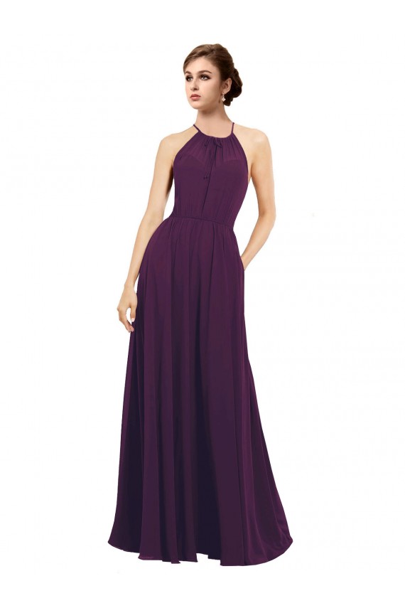 Billigste Traube A-Linien Neckholder Chiffon Lange Brautjungfernkleider